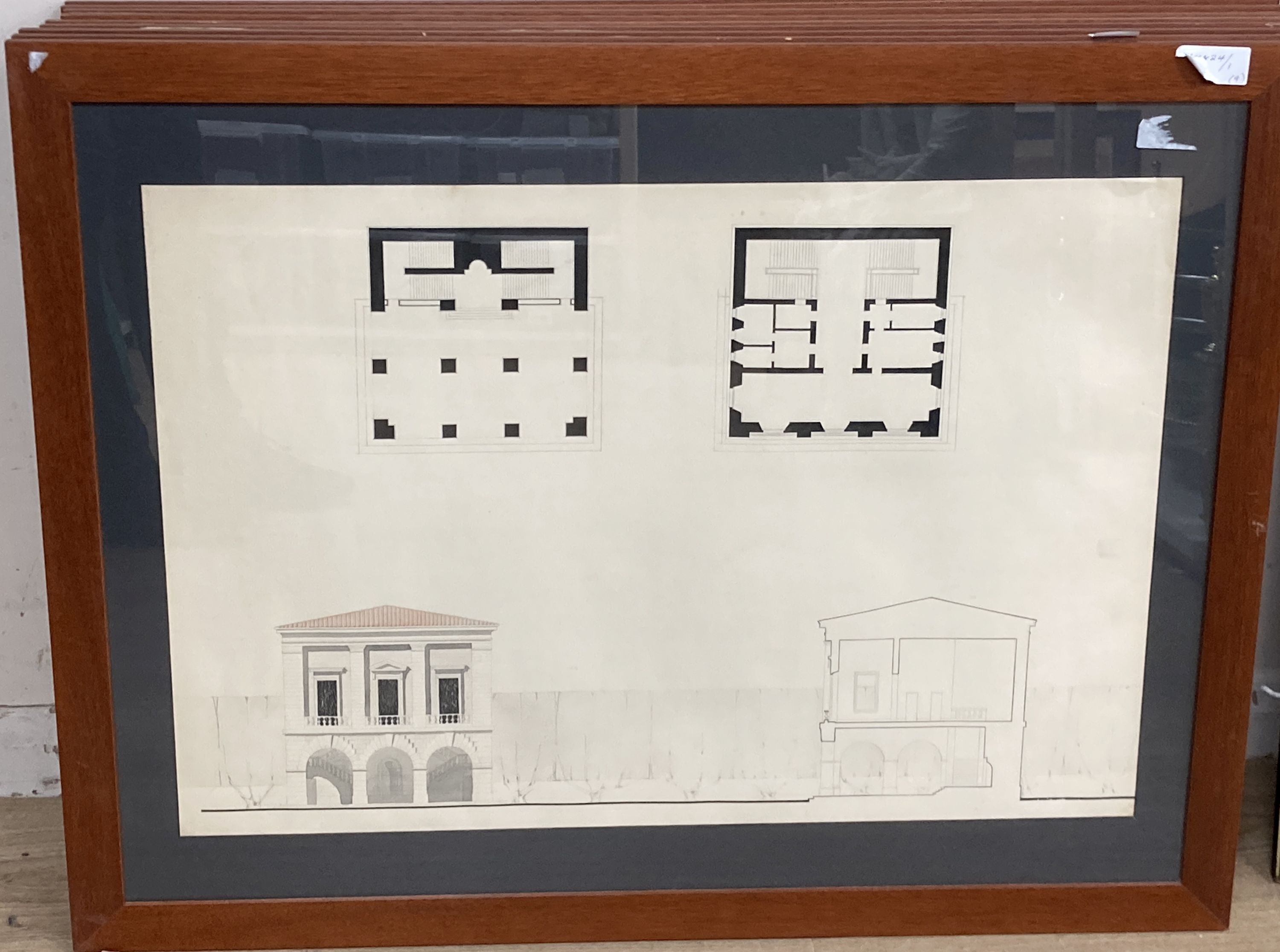 Nine various late 19th century pen and ink architectural drawings, some hand coloured, 48 x 70cm